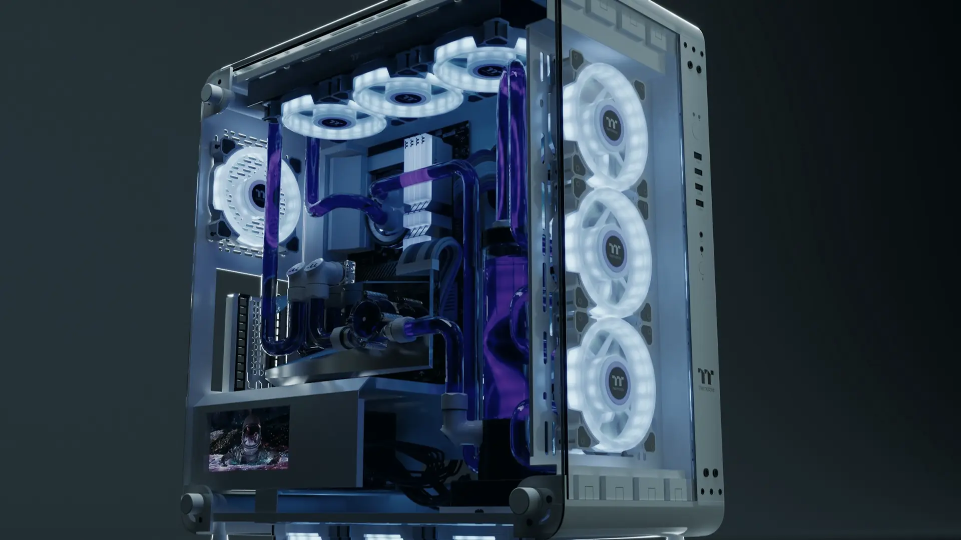 PC gamer com water cooler e ventoinhas iluminadas