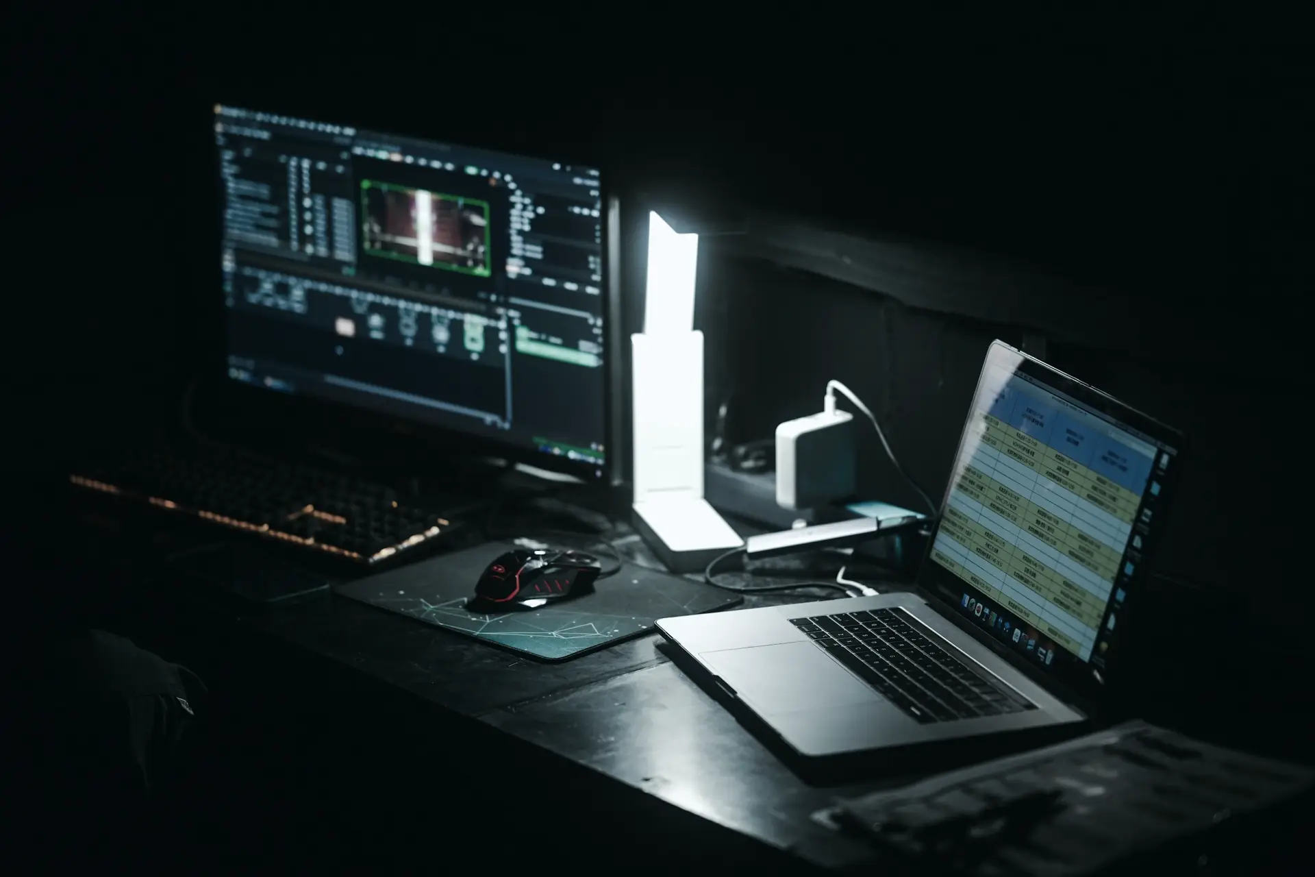 Mesa com monitor e notebook ligados em ambiente escuro